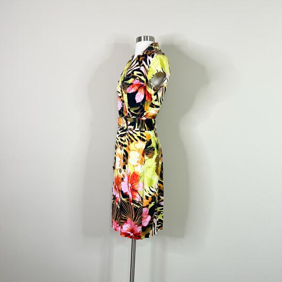 Cache | 90s Vintage Tropical Animal Print Double Breasted Belted Sheath Dress 8 - Picture 9 of 10